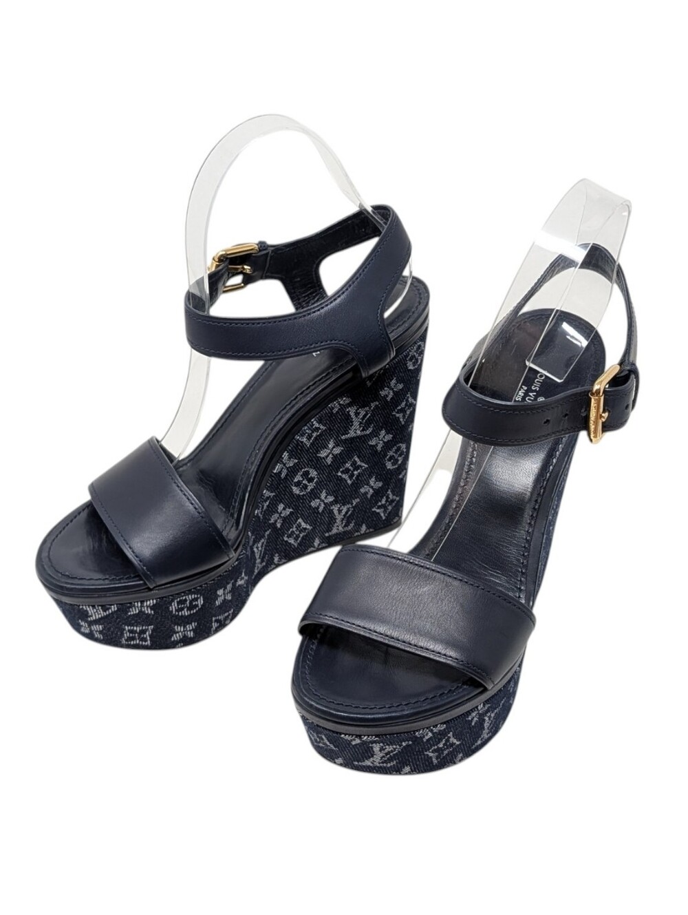 Louis Vuitton Blue Denim Monogram Leather Wedges Size EU 37.5